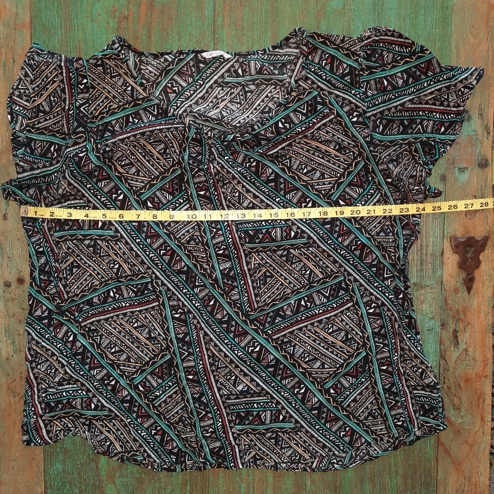 CATO Bohoblack, turquoise, rust & white abstract short sleeve size 3x blouse EUC - Picture 7 of 8